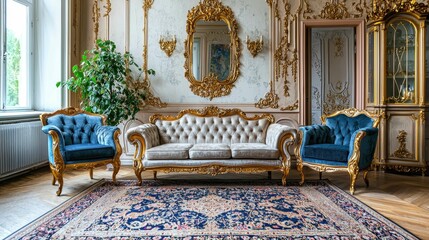 Wall Mural - Elegant Vintage Living Room with Gold Accents and Blue Furniture