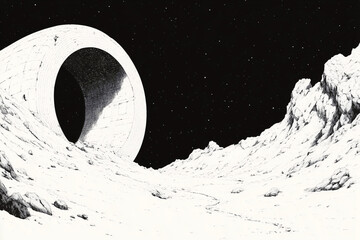 monochromatic lunar landscape: a dramatic black and white illustration depicting an otherworldly lan