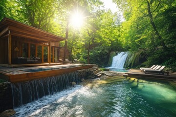 Wall Mural - Cabin with sun above waterfall, nature scenery, and resort use