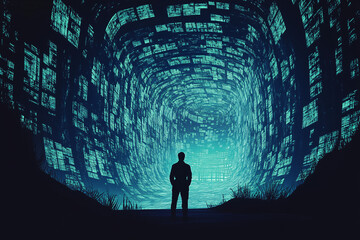Poster - Digital Abyss: A lone figure stands silhouetted against a mesmerizing vortex of swirling data, creating a captivating image of mystery and technological immersion.