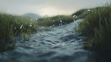 Aufkleber - A serene water stream glistening amidst lush green grass under soft lighting.