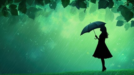 Poster - A silhouette of a woman holding an umbrella against a rainy, green backdrop.