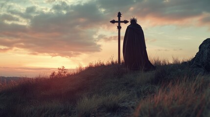 Poster - A silhouetted figure in a cloak stands by a cross at sunset, evoking themes of reflection.
