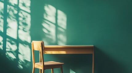 Fototapete - A simple wooden desk and chair against a teal wall, illuminated by soft shadows.