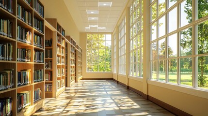 Poster - Bright and Spacious Library Interior with Large Windows and Shelves