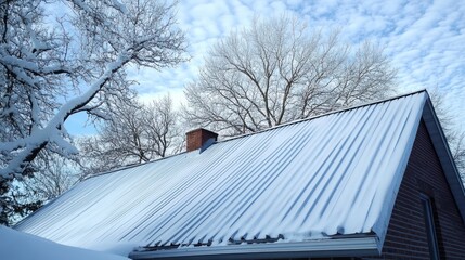 Poster - A snow-covered roof under a cloudy sky, showcasing winter's serene beauty.