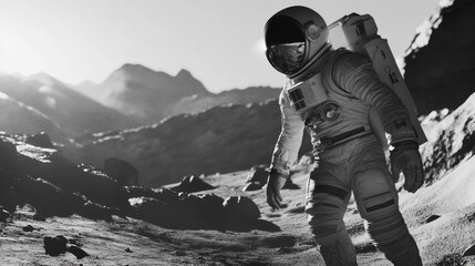 Aufkleber - A solitary astronaut explores a lunar landscape, highlighting space exploration and discovery.