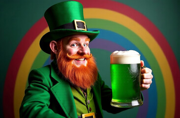 Man green suit hold mug green beer in hand on rainbow background. AI Generative