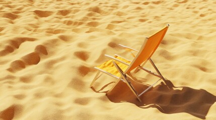 Poster - A solitary yellow beach chair resting on soft sand, inviting relaxation in a serene setting.