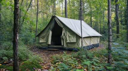 Poster - A spacious tent set in a lush forest, ideal for camping and outdoor activities.