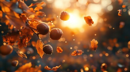 Poster - Autumn sunset with falling nuts and leaves.