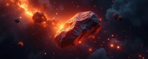 Wall Mural - meteorite fragment glows bright orange in dark space, galaxies, burning