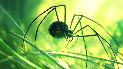 Aufkleber - A stylized spider with a shiny body, set against a vibrant green background.