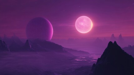 Poster - A surreal landscape featuring a purple planet and a bright star against a misty backdrop.