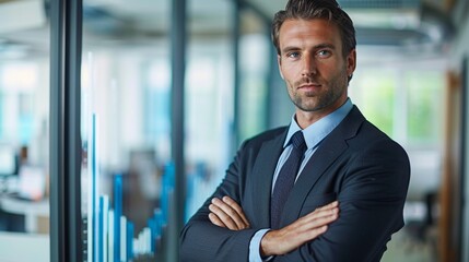 Poster - Confident business professional standing in a modern office with financial graphs displayed in the background