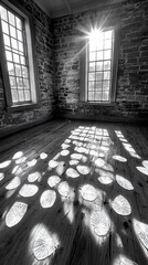 Poster - Sunbeams illuminate old brick room's wooden floor; historic building interior, light and shadow