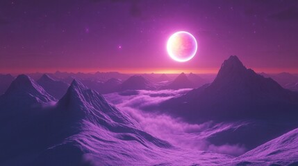 Poster - A surreal landscape featuring purple mountains and a glowing celestial body in the sky.