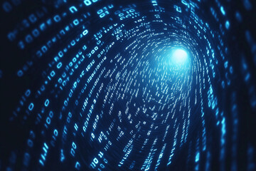Poster - Digital Tunnel: An abstract image depicting a swirling tunnel of glowing blue binary code, creating a mesmerizing visual of data flow and digital information.