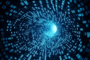 Poster - Digital Tunnel:  A mesmerizing digital tunnel composed of swirling blue binary code, leading to a brilliant white light at its end.