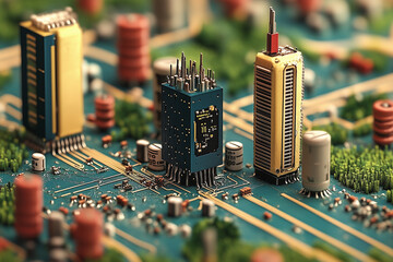 Poster - Cityscape of Circuits: A mesmerizing macro photograph of miniature skyscrapers, seemingly constructed from intricate circuit boards. The towers gleam with an ethereal, almost otherworldly light.