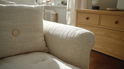 Wall Mural - Sunlight on linen armchair, wooden dresser, living room