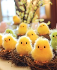 A nest filled with numerous small yellow and green chicks, showcasing their vibrant colors and adorable features in a cozy natural setting.