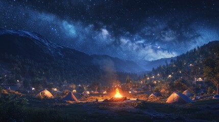Poster - A tranquil campsite under a starry night sky, featuring tents and a glowing campfire.