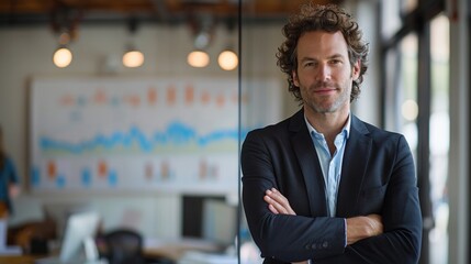 Poster - Professional man with curly hair stands confidently in modern office setting with data visualizations on display