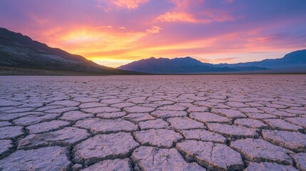 Wall Mural - Sunset Over Cracked Earth in Desert Landscape with Mountain Range