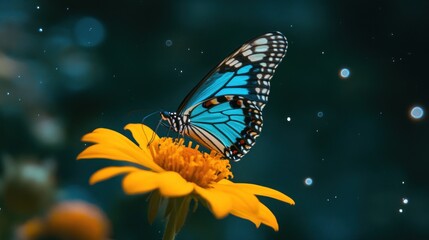 Poster - A vibrant blue butterfly perched on a bright yellow flower against a soft, blurred background.