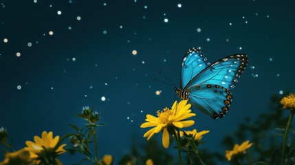 Poster - A vibrant blue butterfly perched on a yellow flower against a starry night background.