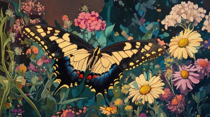 Poster - A vibrant butterfly rests among colorful flowers in a lush garden setting.