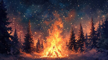 Aufkleber - A vibrant campfire illuminates a snowy forest under a starry night sky.
