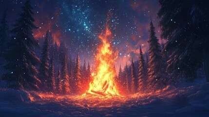 Aufkleber - A vibrant campfire illuminates a snowy forest under a starry sky.