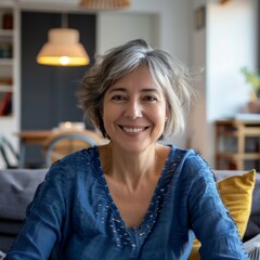 Smiling middle-aged woman in living room, natural light, cosy setting, great for articles about interior design and family values.