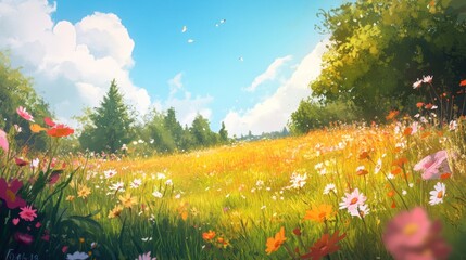 Aufkleber - A vibrant field of wildflowers under a bright blue sky, evoking tranquility and nature's beauty.