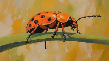 Poster - A vibrant illustration of an orange beetle with black spots on a green stem.