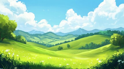 Poster - A vibrant landscape featuring rolling hills, green fields, and a bright blue sky with clouds.