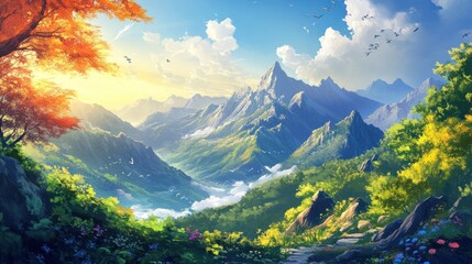 Aufkleber - A vibrant landscape featuring mountains, valleys, and a colorful sky at sunrise.