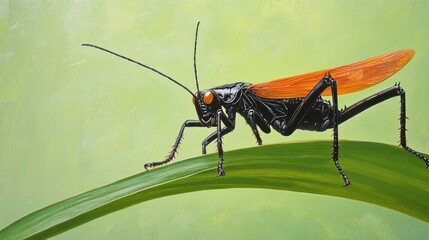 Poster - A vibrant orange-winged grasshopper perched on a green leaf against a soft background.