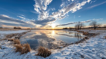 Wall Mural - Snowy lake sunset reflection, winter landscape