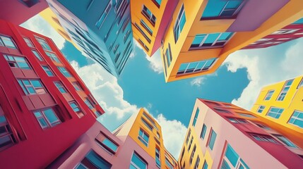 Poster - A vibrant view of colorful buildings converging towards a bright sky.