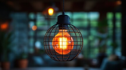 Poster - A vintage-style pendant light with a warm glow, enhancing a cozy interior atmosphere.