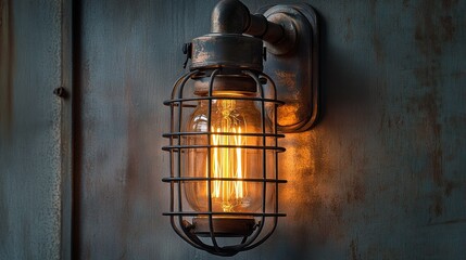 Poster - A vintage-style wall lamp with a protective cage, illuminating a rustic background.
