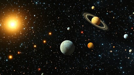 Poster - A vivid depiction of a cosmic scene featuring planets, stars, and the sun.