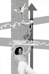 Poster - Vertical collage picture of pile stack girls hold keyboard vintage handset telephone painter growing arrow upwards isolated on painted background