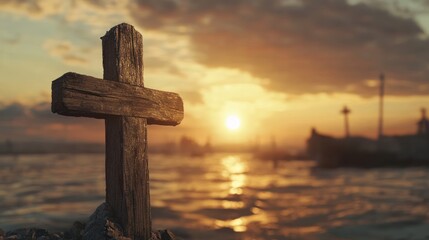 Poster - A wooden cross stands against a sunset over a body of water, symbolizing faith and reflection.