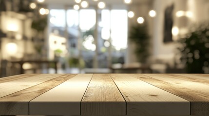 Aufkleber - A wooden table in a softly lit, modern interior space with blurred background scenery.