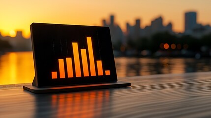 Poster - Sunset cityscape, tablet displaying upward graph, business success