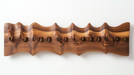 Poster - A wooden wall-mounted rack with sculptural design and hooks for hanging items.
